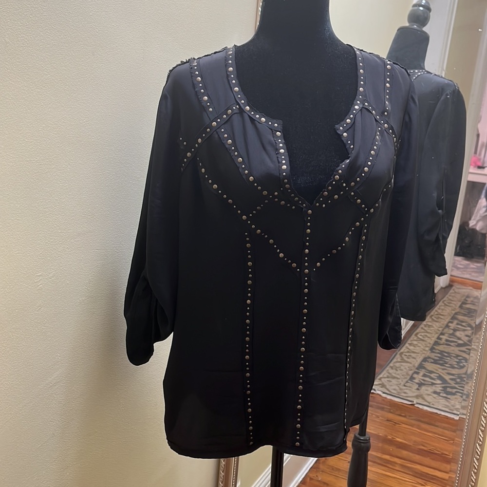 100% silk BCBG blouse top black studded details large